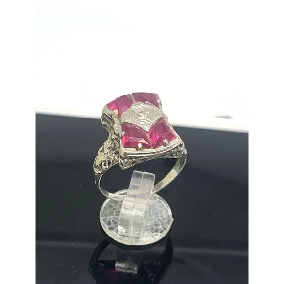 Filigree Pink Gemstone Diamond Cocktail Ring 14k White Gold Women's Size 8